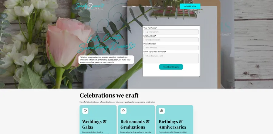 Home page with the event inquiry form